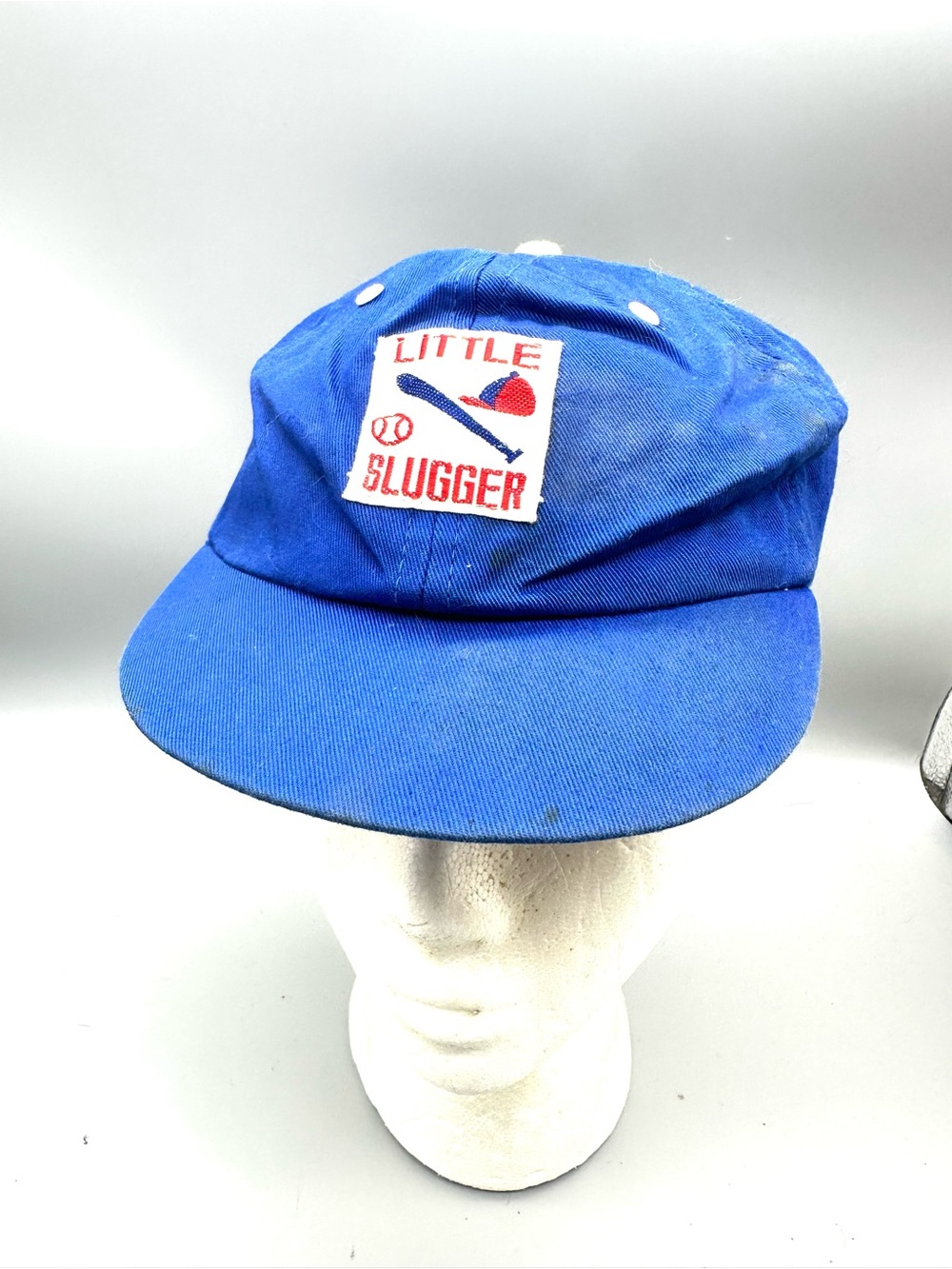 Vintage Little Slugger Kids Baseball Cap Blue Cotton Elastic Back Hat Size L